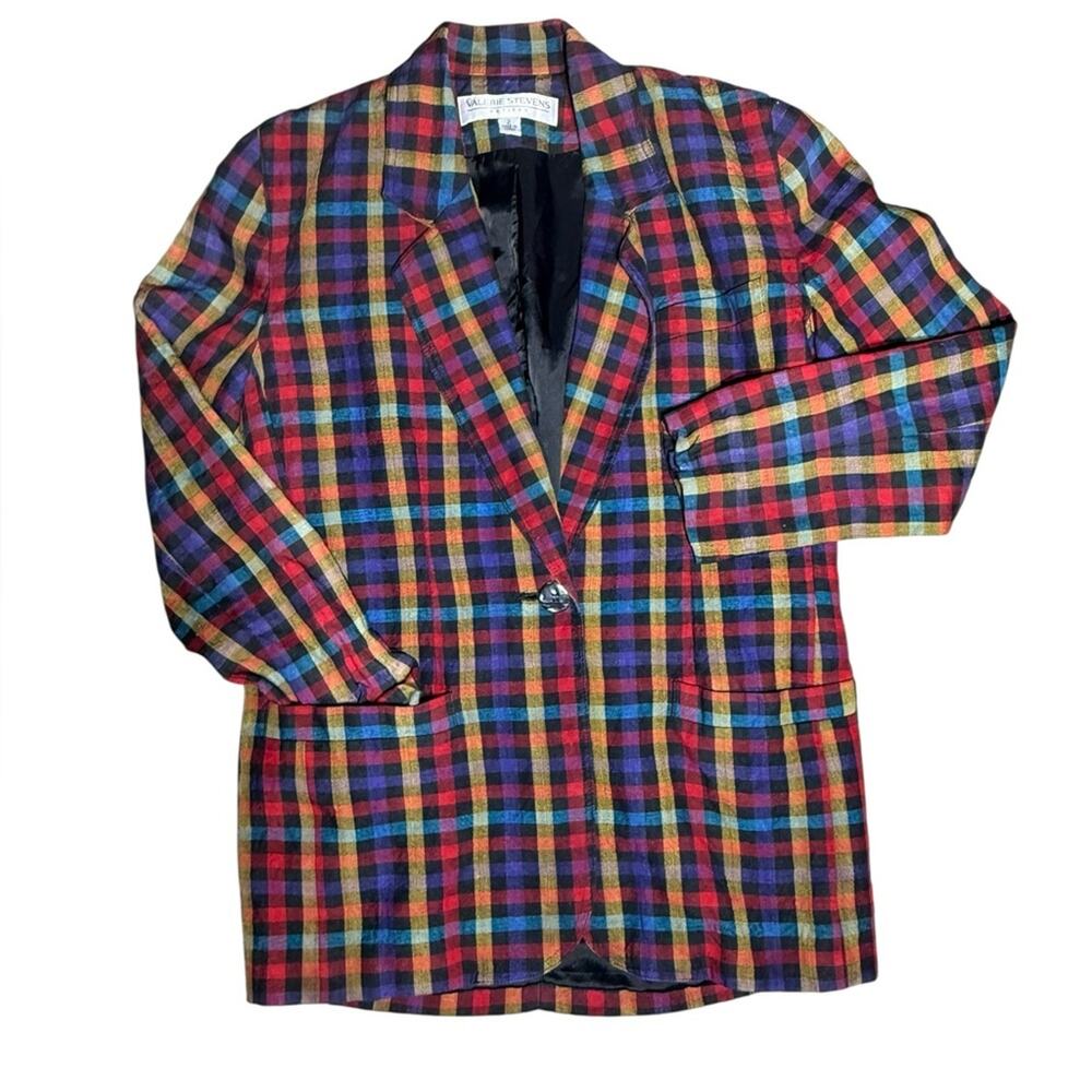 Vintage Plaid Linen Colorful Preppy Blazer Womens 2 Petite Academia Ivy League